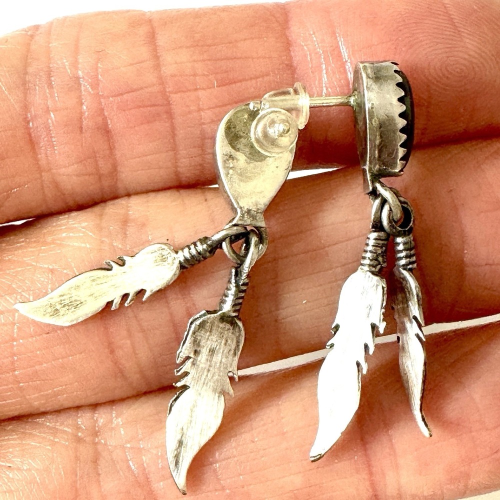 VTG Navajo Earrings Black Onyx Feather Post Dangle Sterling Native American USA - Picture 4 of 5